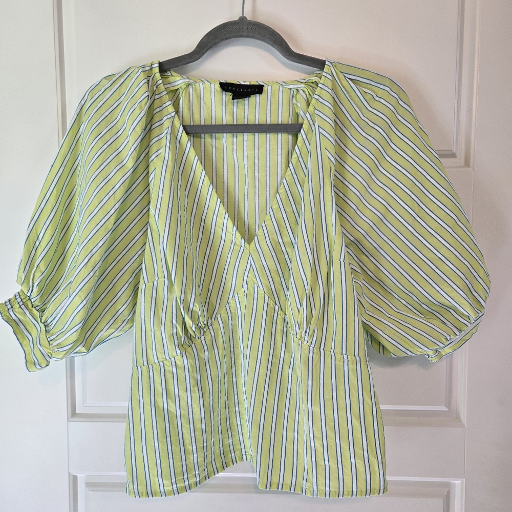 Sanctuary Green and White Puff Sleeve Blouse